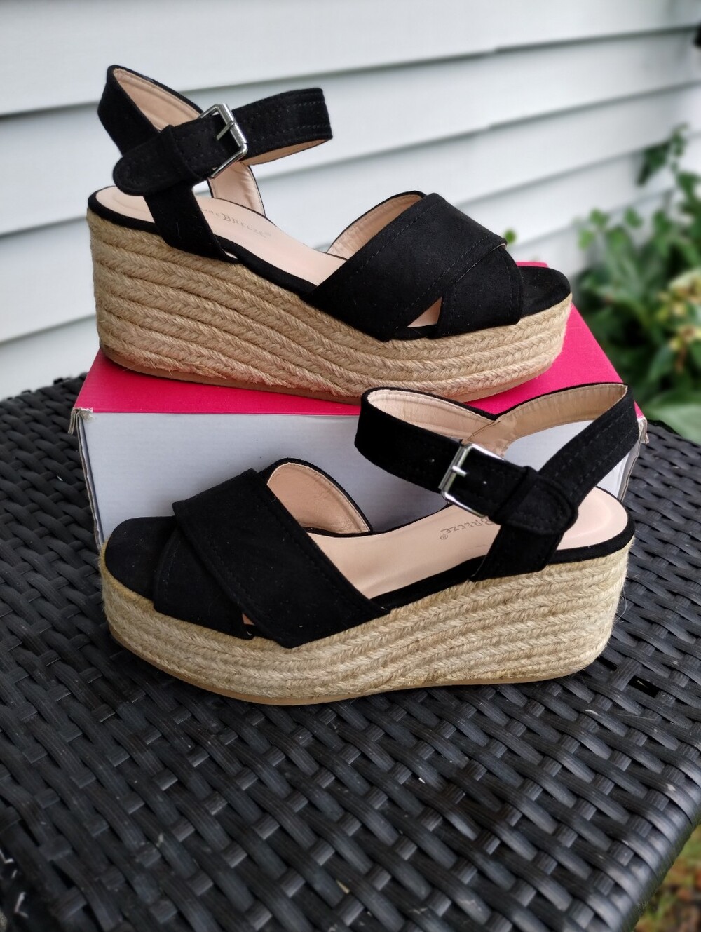 Nature Breeze Barbie-02 Black Suede Espadrille Wedge Sandals Women's Size 8